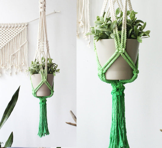 A bright green macrame plant hanger holding a beige ceramic pot with a green leafy plant, shown in a split view against a white wall with a macrame wall hanging.