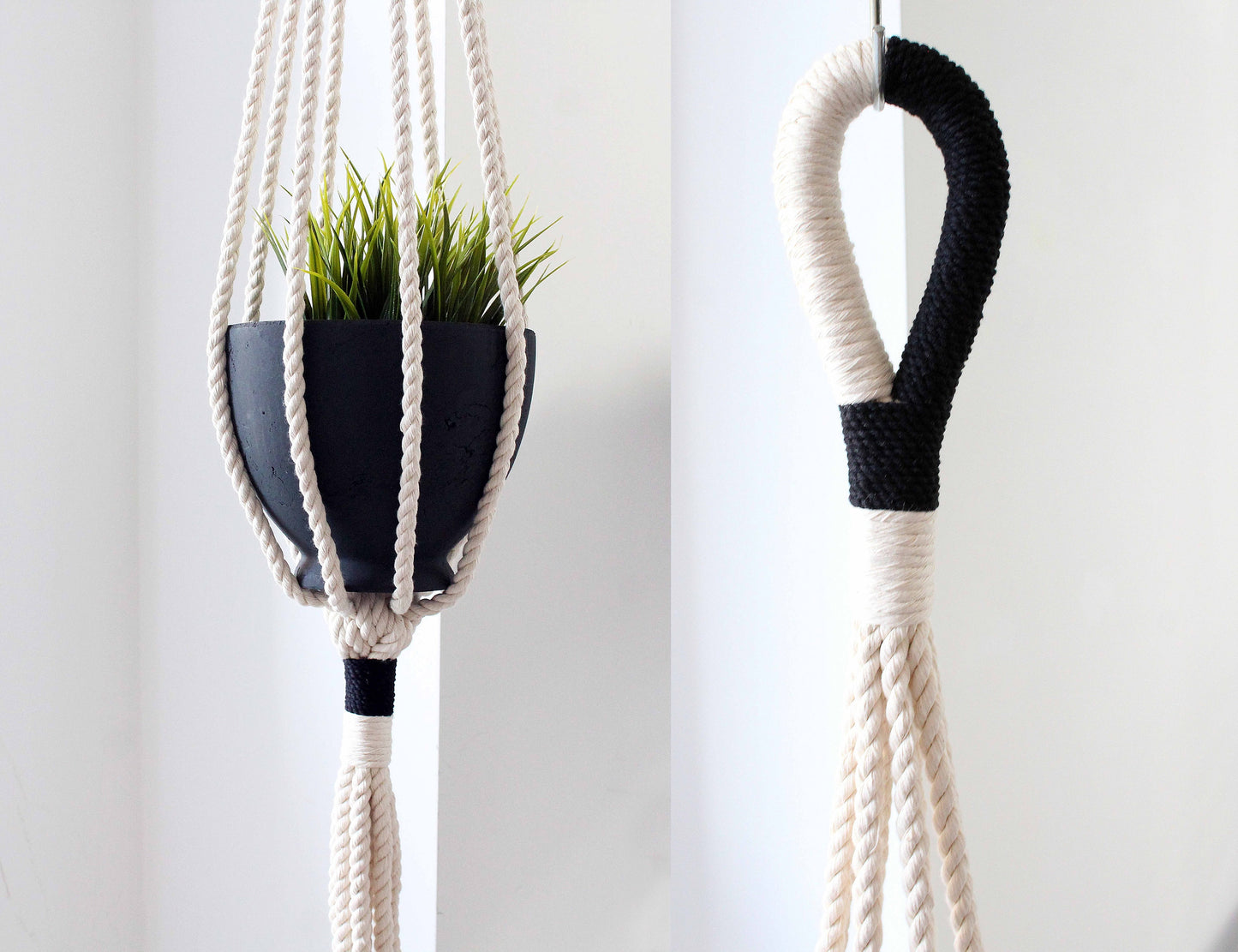 Modern Contrast Color-Block Plant Hanger — Hand-Knotted Fiber Art