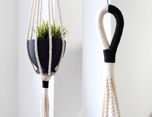 Modern Contrast Color-Block Plant Hanger — Hand-Knotted Fiber Art