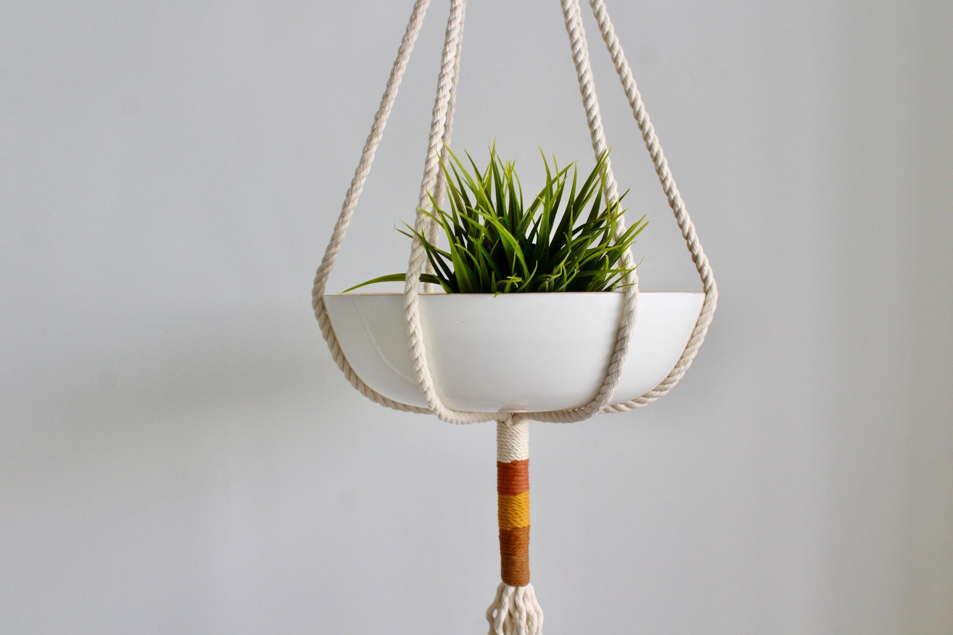 A white ceramic hanging planter suspended by thick cream macrame ropes, holding a small green succulent plant, against a plain light gray background.