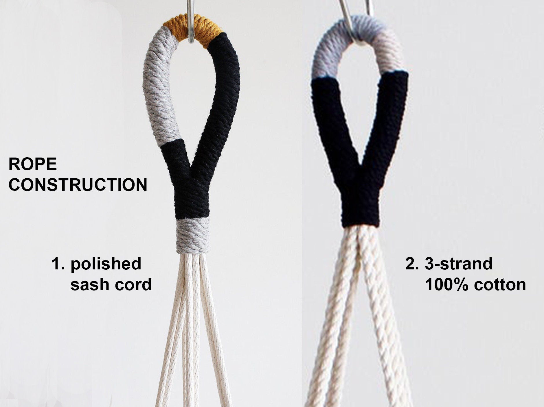 Two rope macrame hanger designs shown side by side with text labels: 'ROPE CONSTRUCTION' and numbered descriptions for a polished sash cord and a 3-strand 100% cotton rope. The hangers are shown against a plain white background.