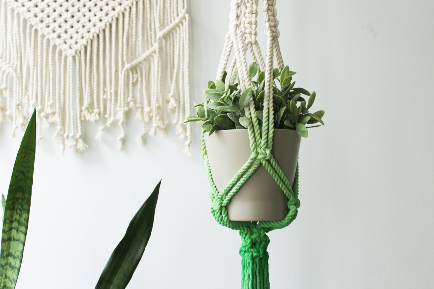 A light beige planter pot wrapped in bright green macrame rope hangers, suspended against a white wall. A cream-colored woven wall hanging is visible in the background, along with the green leaves of a snake plant in the foreground.