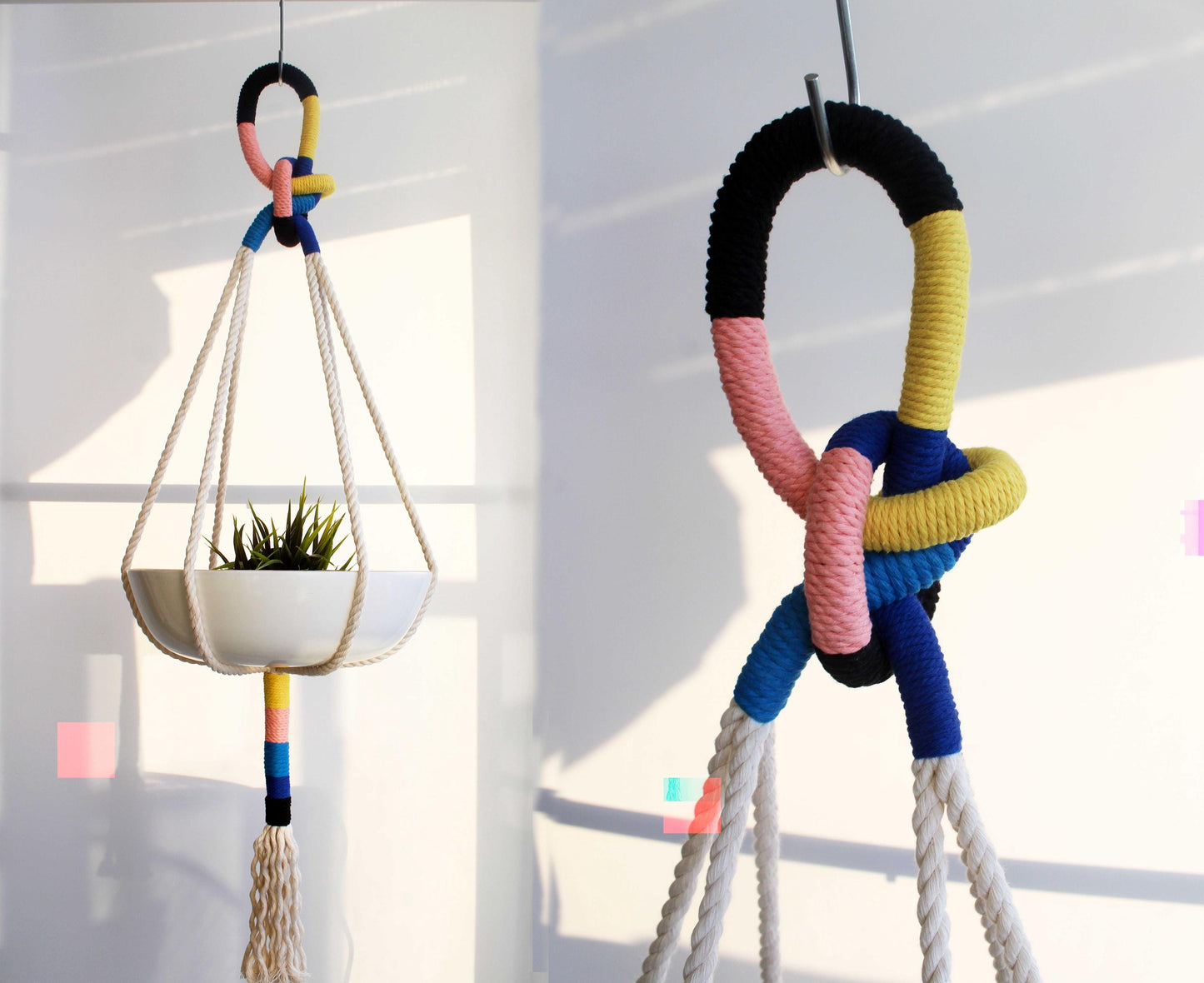 Handmade 37-inch macrame plant hanger with tassels, featuring color-block thread wraps in bright yellow, dusty pink, black, and deep midnight blue holding a houseplant.