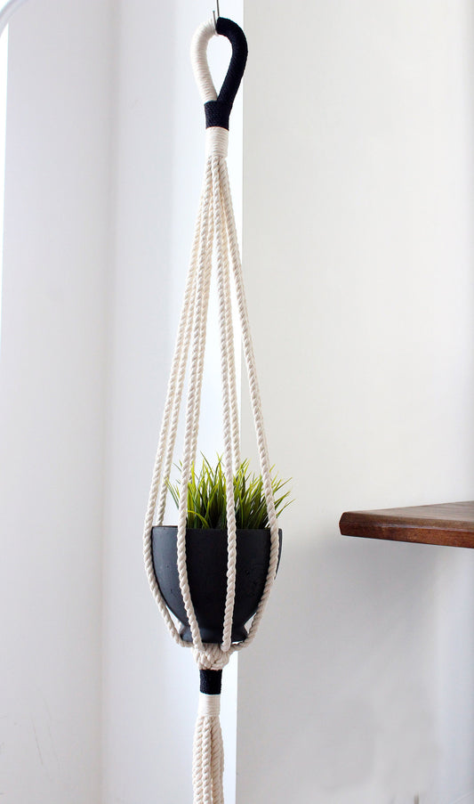 Modern Contrast Color-Block Plant Hanger — Hand-Knotted Fiber Art