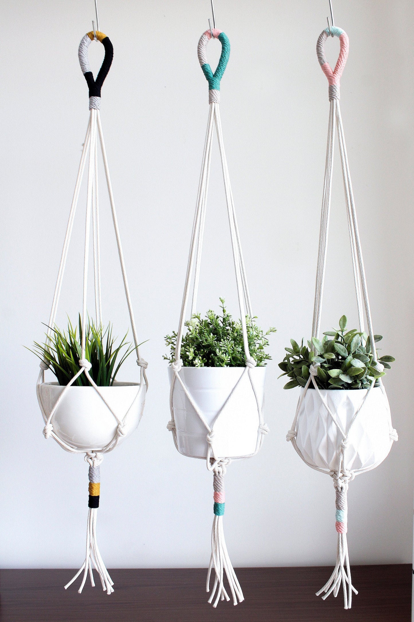 Three white macrame plant hangers suspended from colorful rope loops, holding white ceramic pots with green plants, set against a plain white wall.