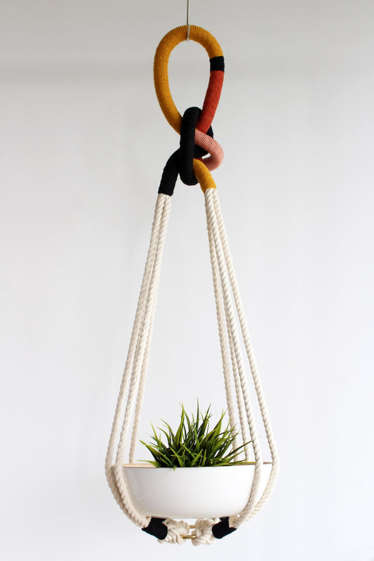 A white ceramic planter in a cream macrame hanger with a yellow, rust red, and black knotted top loop, holding a small green succulent plant against a plain white background.