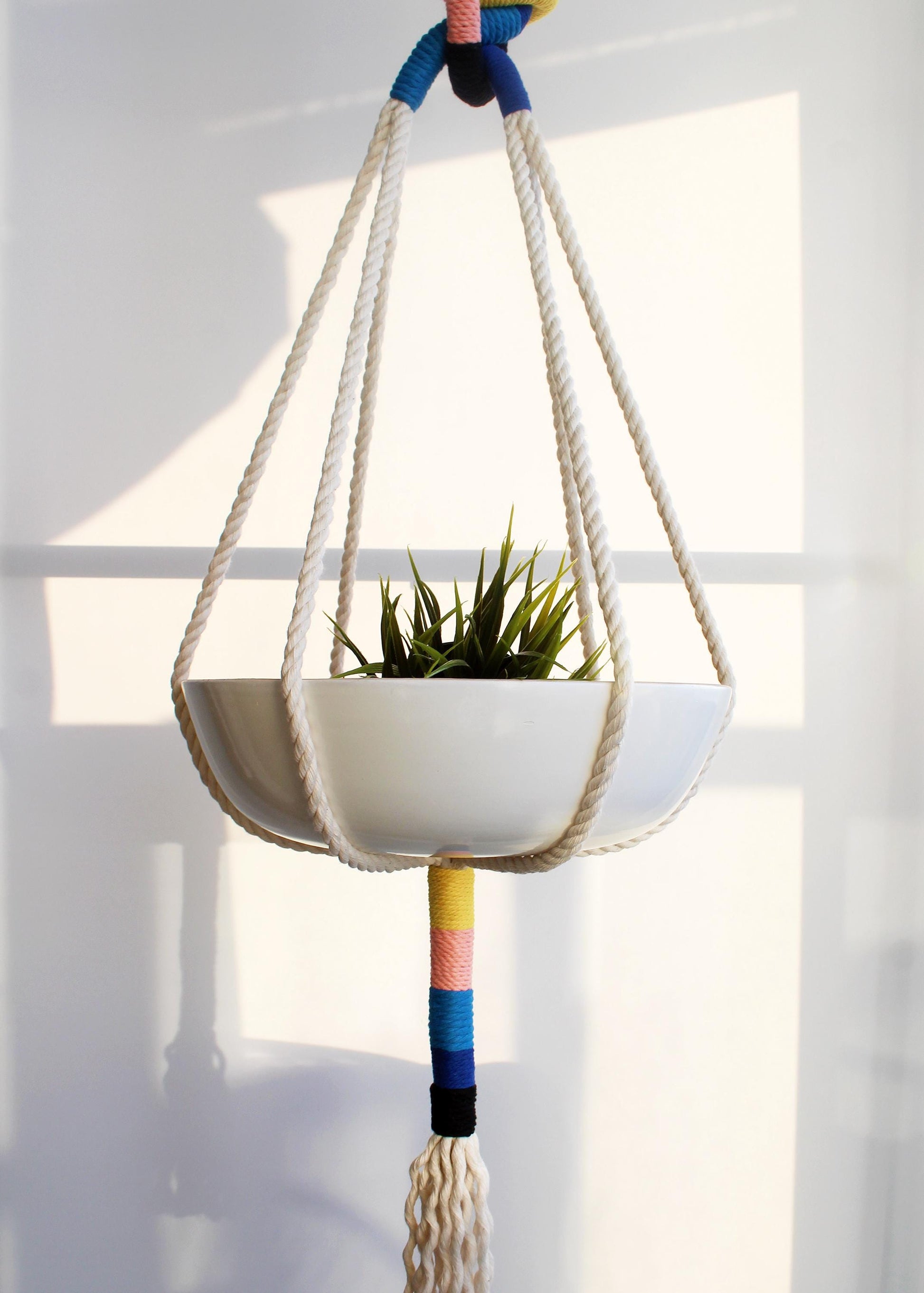 A white ceramic hanging planter bowl suspended in a cream macrame rope hanger with colorful wrapped rope details, holding a small green succulent plant against a bright white wall with soft window light.