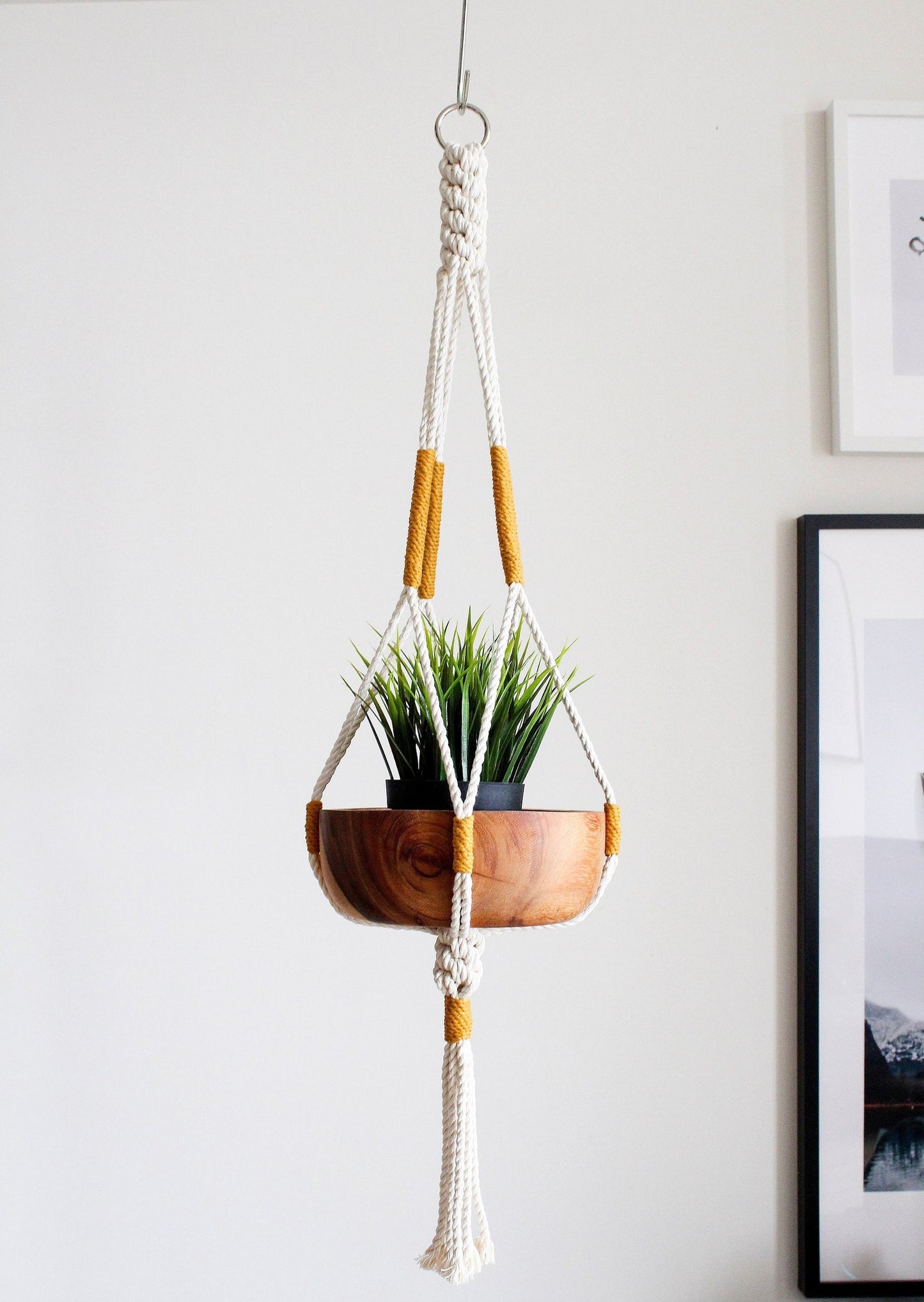 Handmade cotton macrame plant hanger in mustard yellow holding a wood potted plant against a neutral wall by Freefille