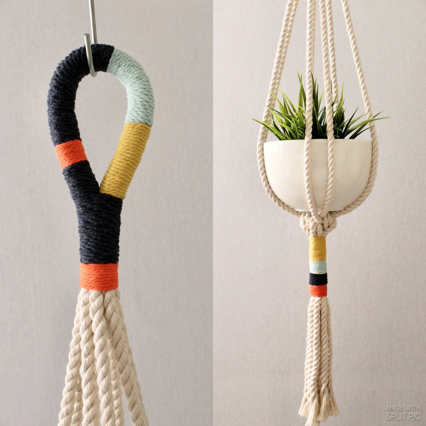 Modern macramé plant hanger with colorful navy, orange, mint blue, and yellow wrapped cord details by Freefille.