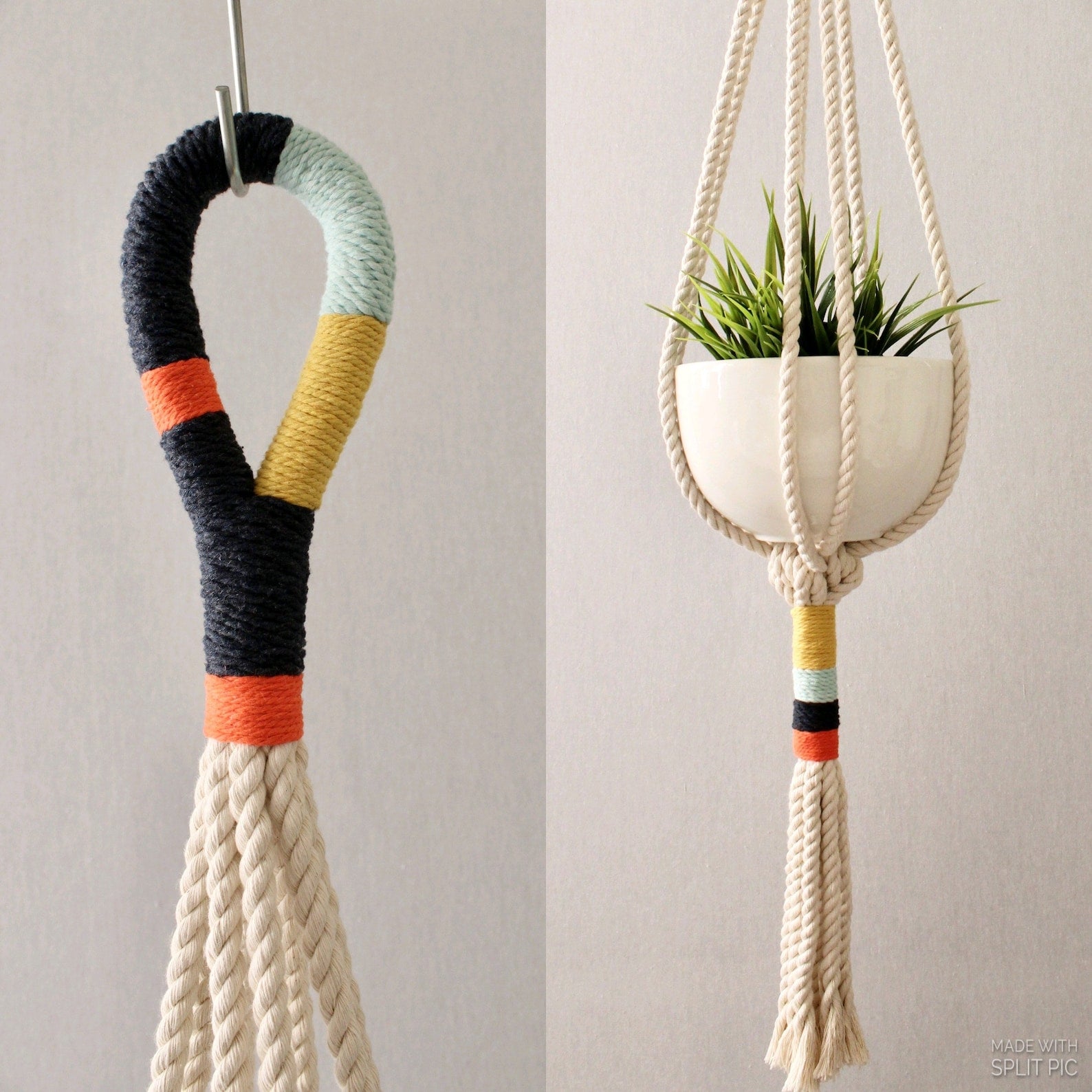 Modern macramé plant hanger with colorful navy, orange, mint blue, and yellow wrapped cord details by Freefille.