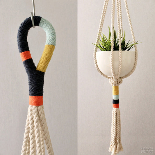 Modern Color Block Macrame Plant Hanger – 42” Handmade Boho Hanging Planter