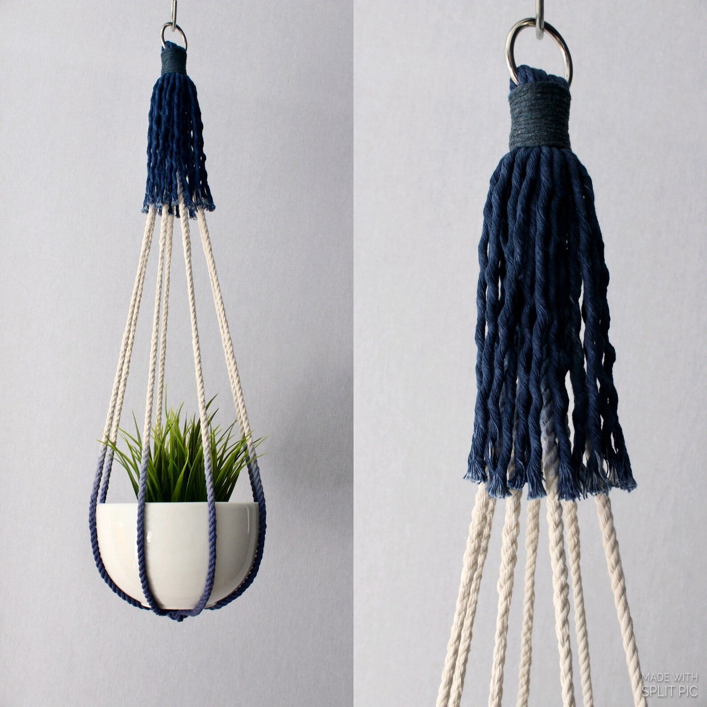 Handcrafted tassel-free macrame plant hanger in navy blue and cream color-block design holding a white potted plant made by Freefille