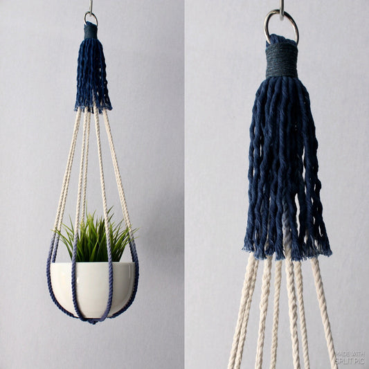 Handcrafted tassel-free macrame plant hanger in navy blue and cream color-block design holding a white potted plant made by Freefille