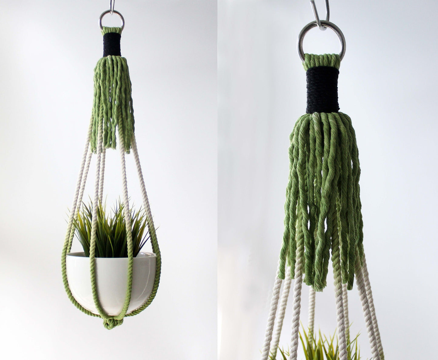 Handmade no-tassel macrame plant hanger, tail-free color-block hanging planter in apple green and cream cotton rope, boho home decor made by Freefille