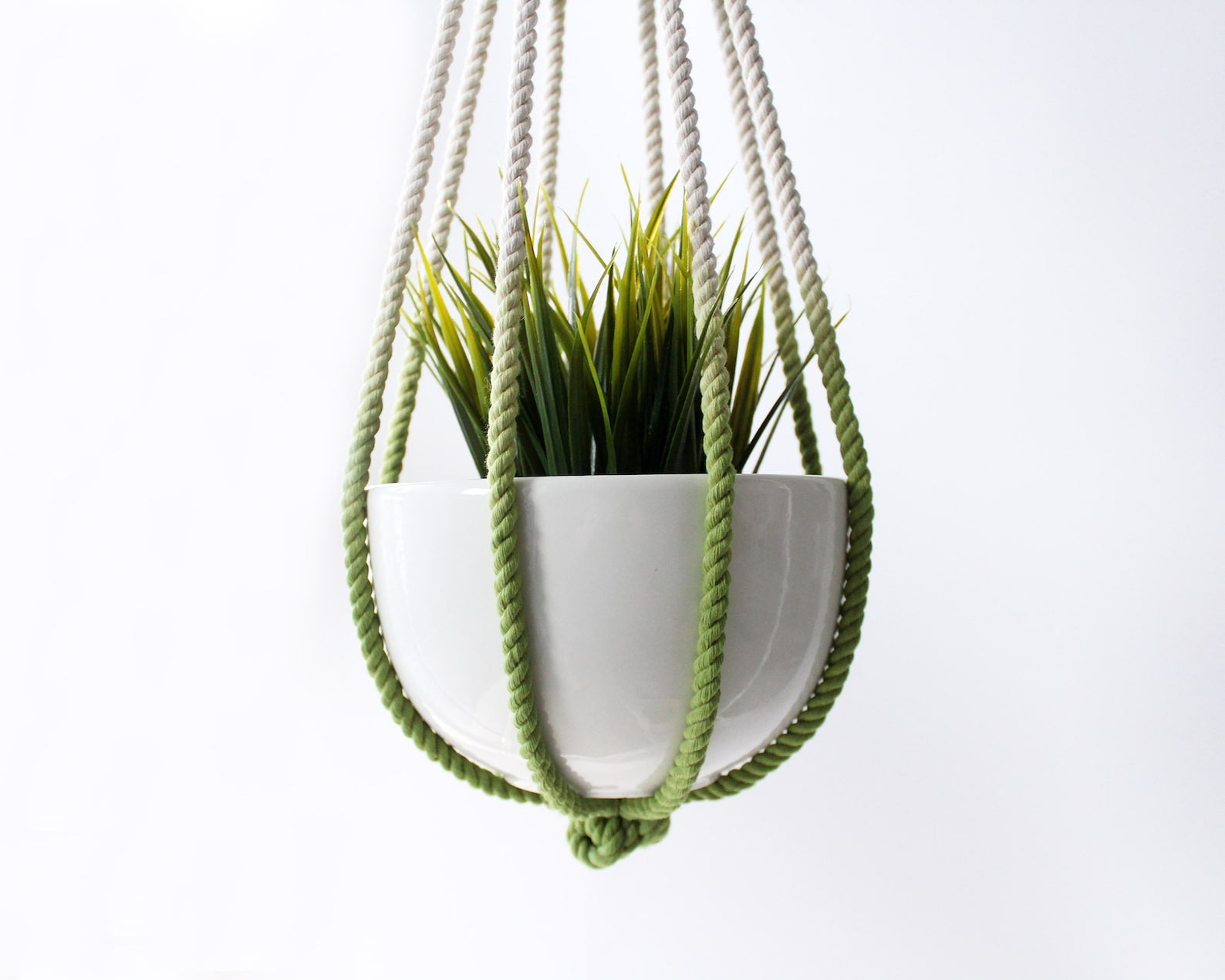 Handmade no-tassel macrame plant hanger, tail-free color-block hanging planter in apple green and cream cotton rope, boho home decor.