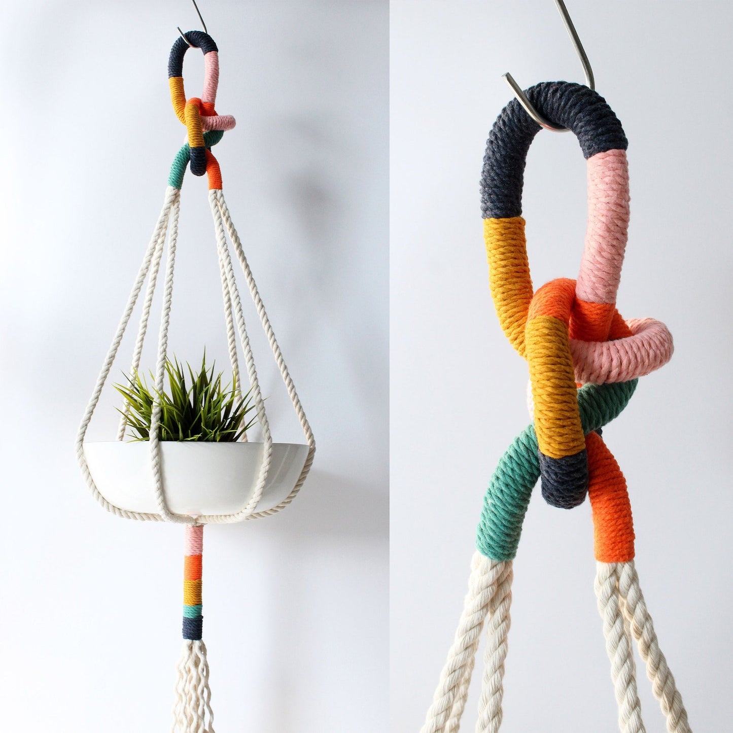Macrame plant hanger with a colorful, intricately knotted top loop holding a white ceramic bowl pot with green grass plant by Freefille