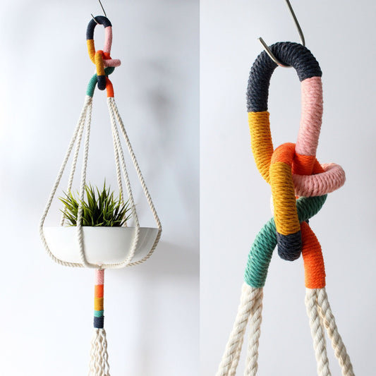 Modern Color Block Macrame Plant Hanger – 37” Handmade Boho Hanging Planter