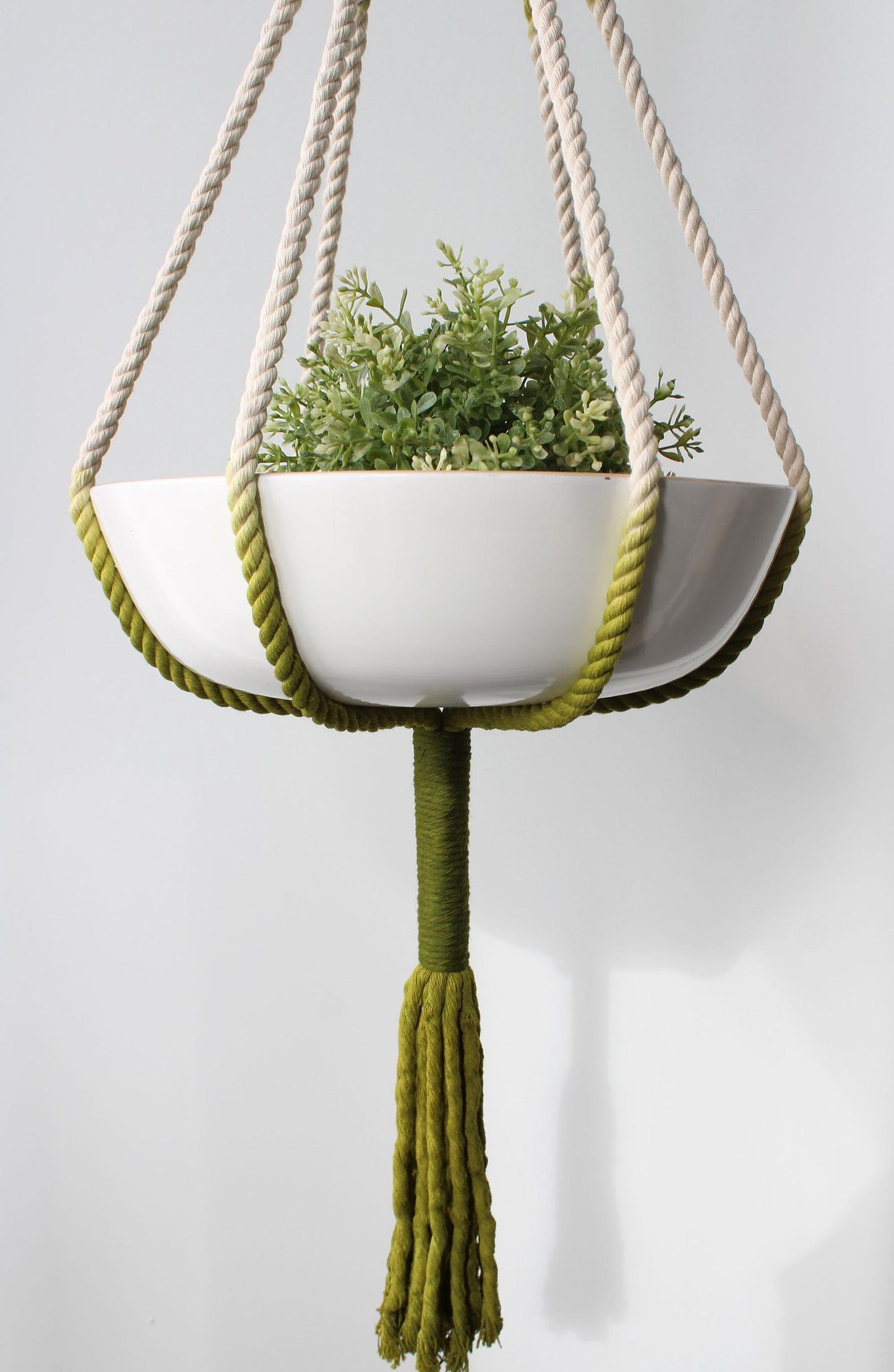 Olive and moss green ombre macramé plant hanger holding a white ceramic bowl pot with greenery by Freefille