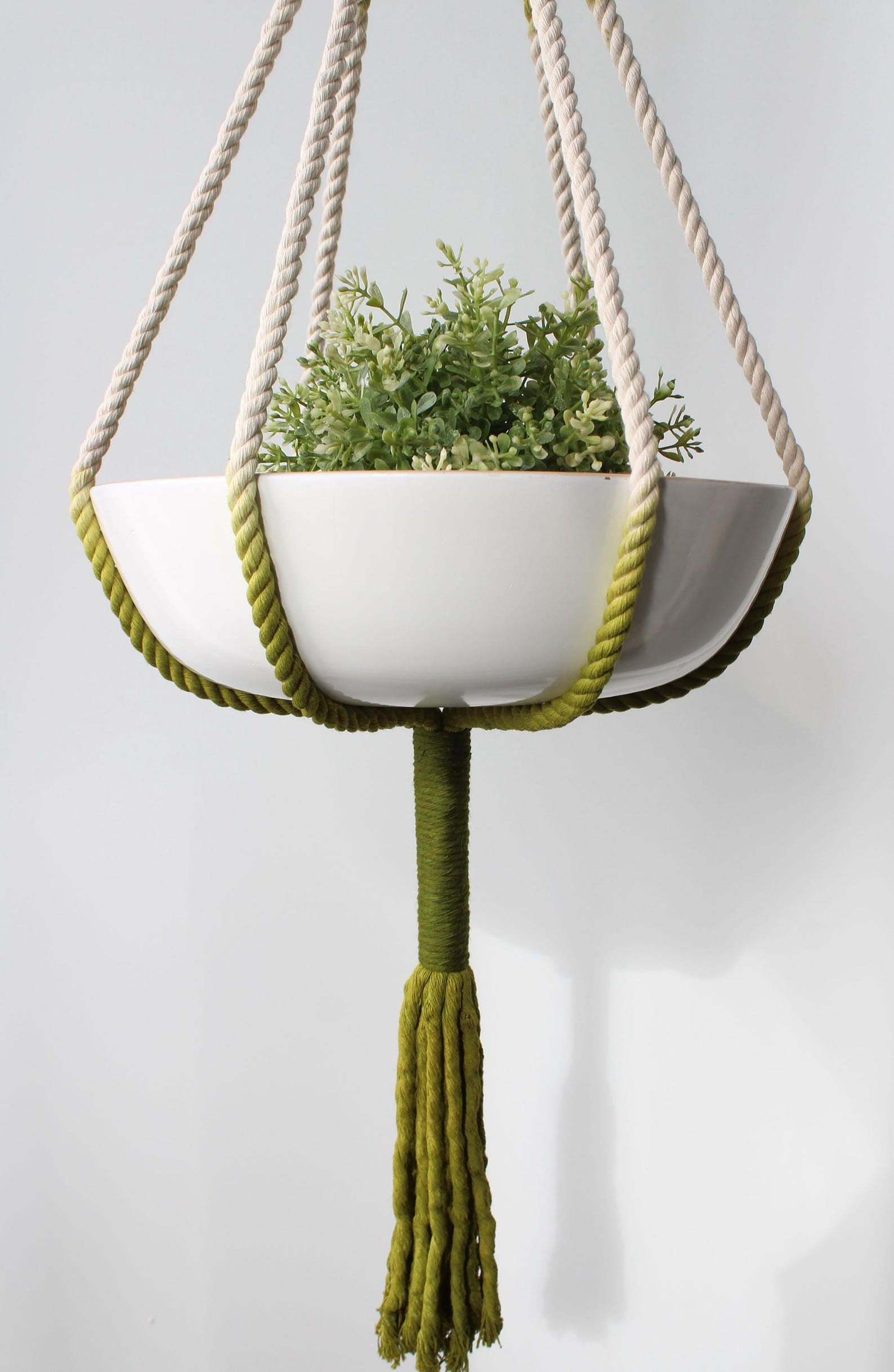 Olive and moss green ombre macramé plant hanger holding a white ceramic bowl pot with greenery by Freefille