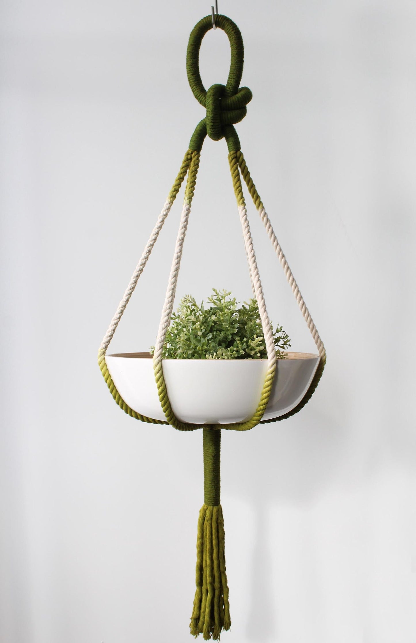 Modern boho plant hanger with dip-dyed moss green, olive, and cream gradient cotton rope accents by Freefille