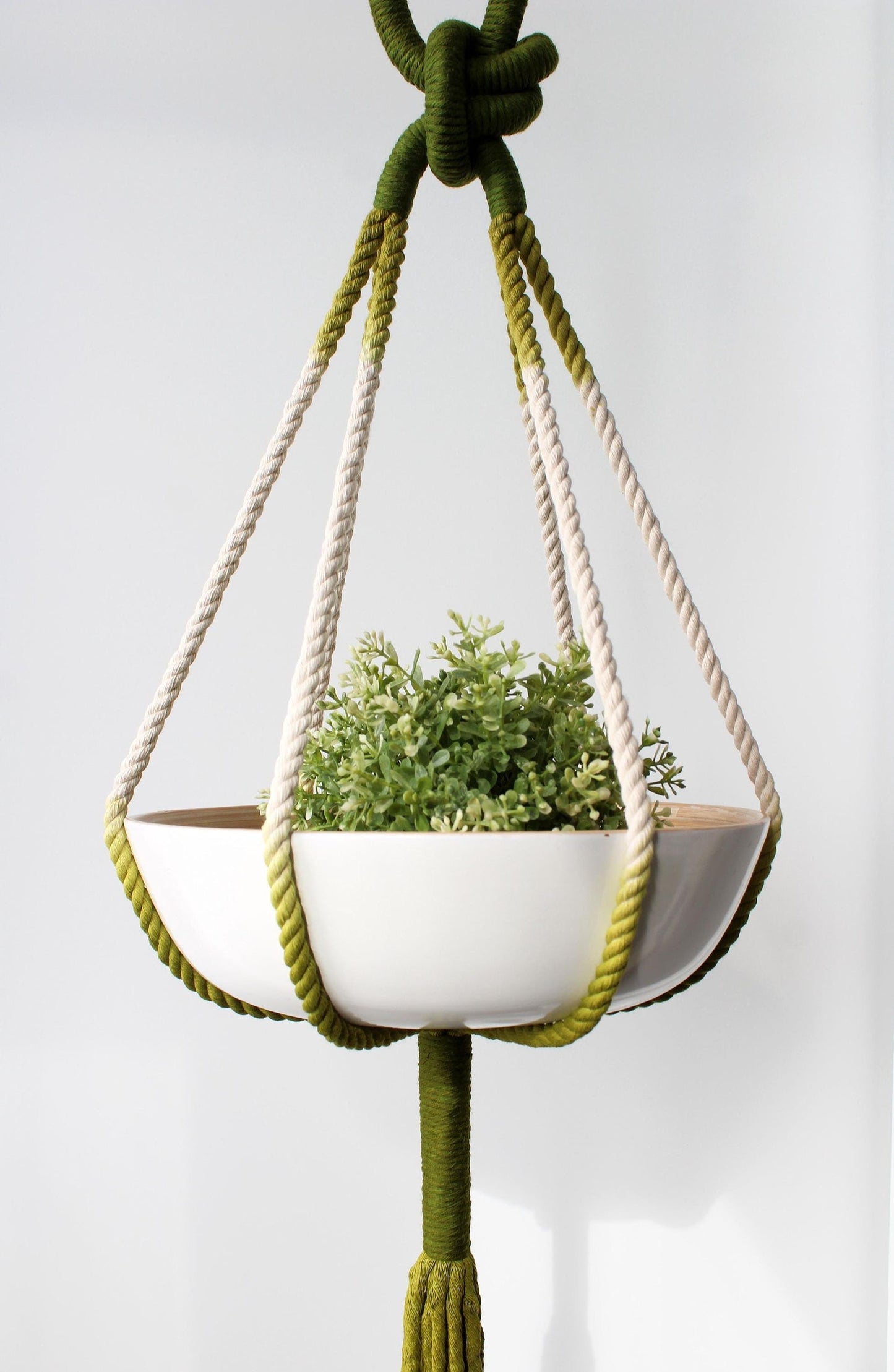 Olive and moss green ombre macramé plant hanger holding a white ceramic bowl pot with greenery by Freefille