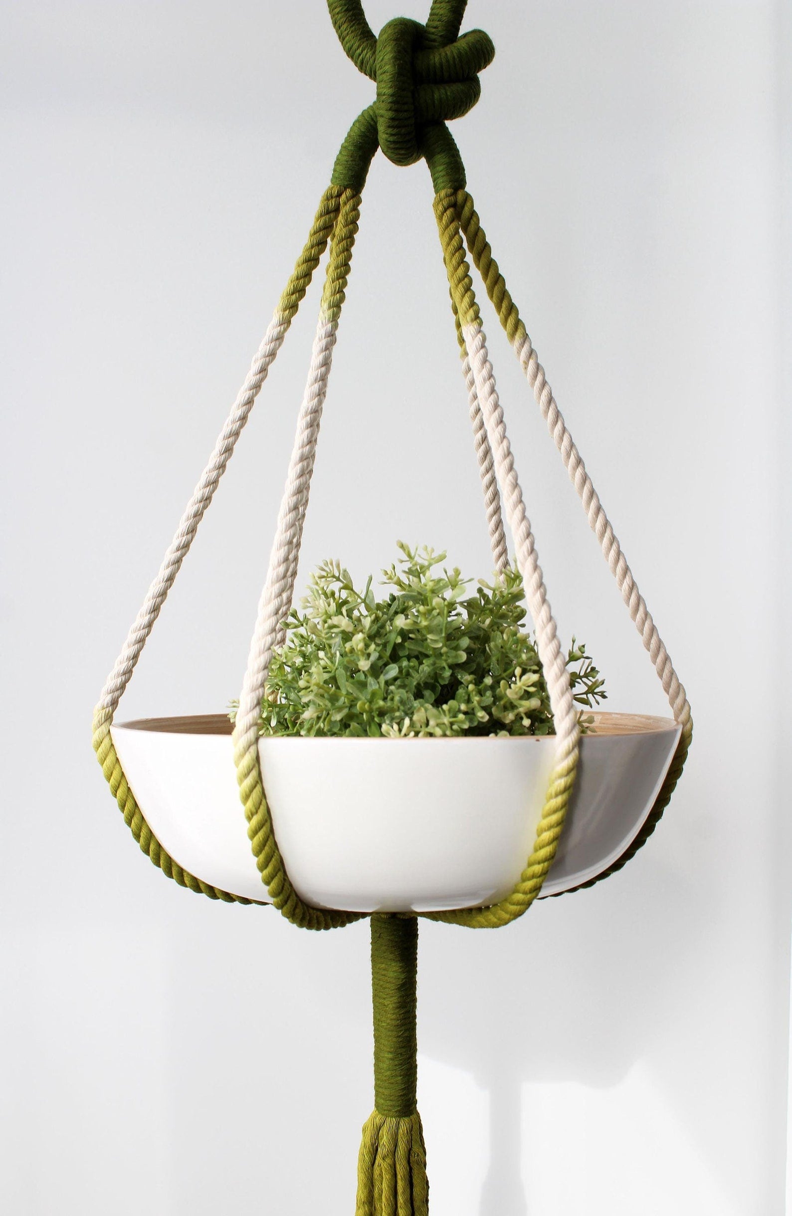 Olive and moss green ombre macramé plant hanger holding a white ceramic bowl pot with greenery by Freefille
