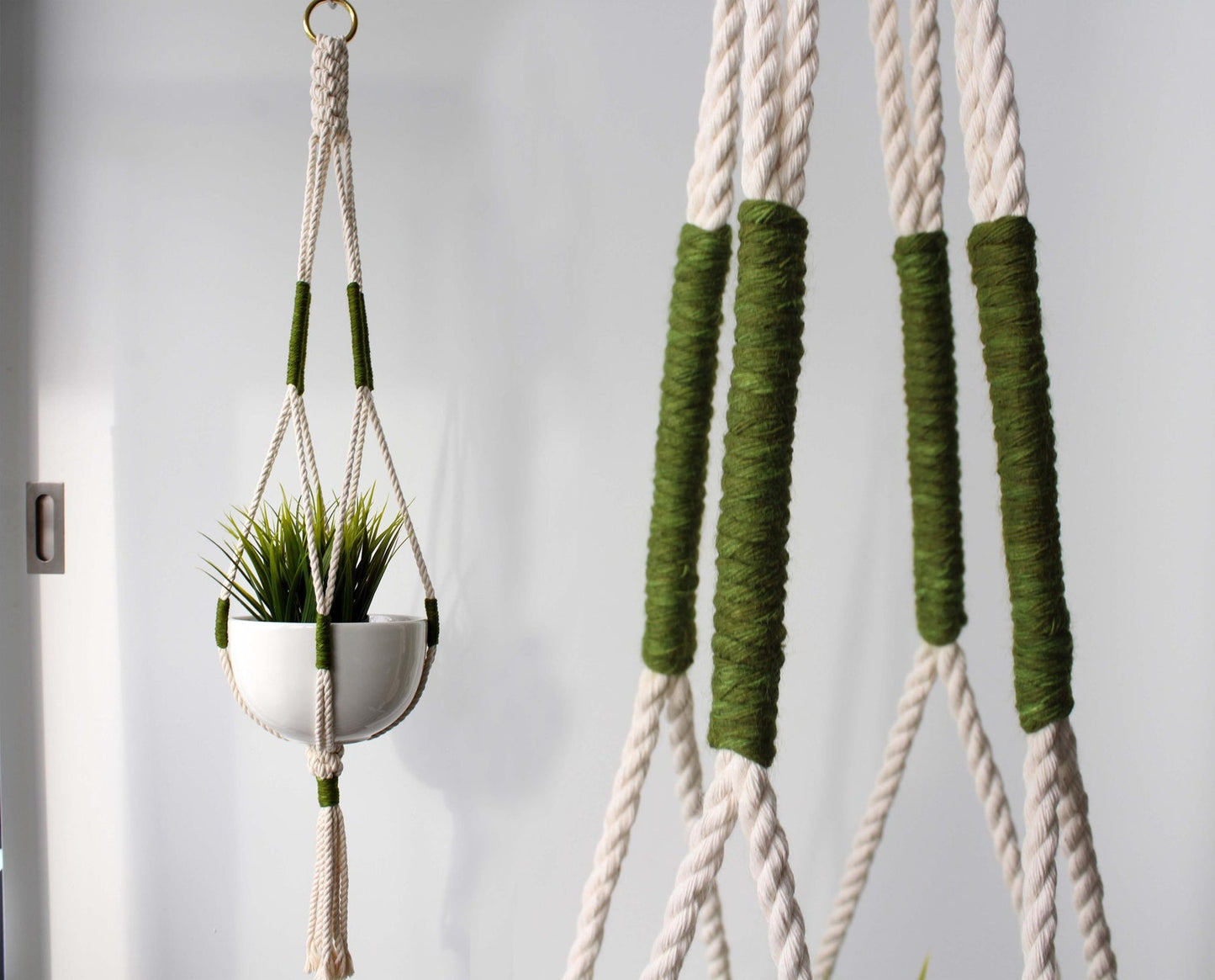 Architectural Moss Green Macrame Plant Hanger – Minimalist Hand-Dyed Indoor Planter- 35"