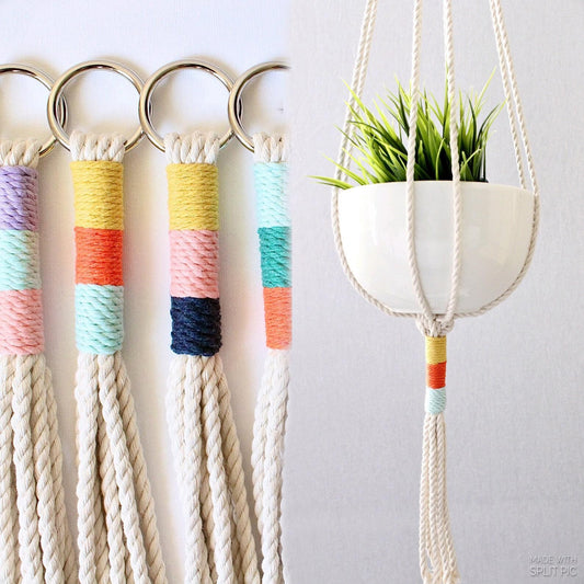 Macrame plant hanger with multi-colored wrapped accents, boho chic hanging planter, handmade cream cotton rope home decor made by Freefille