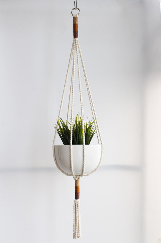 Macrame plant hanger with multi-colored wrapped accents, boho chic hanging planter, handmade cream cotton rope home decor made by Freefille
