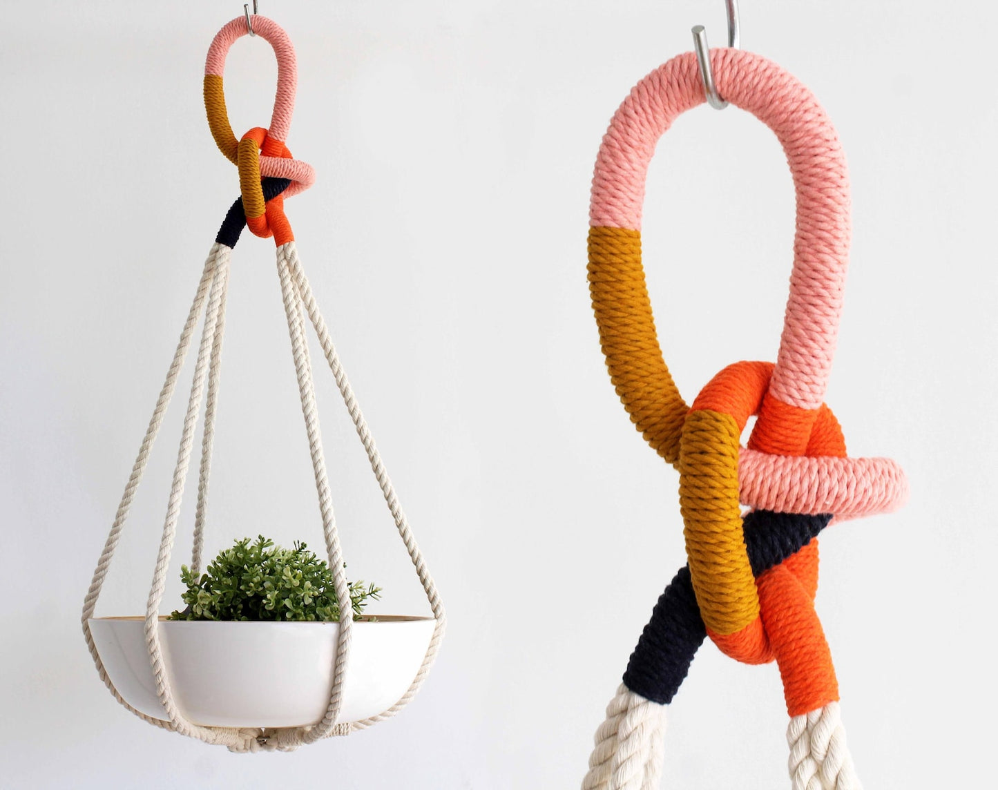 Tassel-free macrame plant hanger with mustard yellow, pink, orange wrapped top loop knot holding a white ceramic bowl by Freefille
