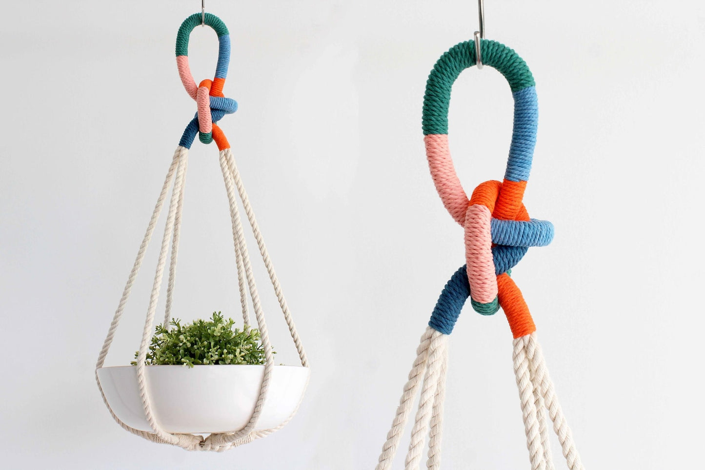 Tassel-free macrame plant hanger with colorful wrapped top loop knot holding a white ceramic bowl by Freefille